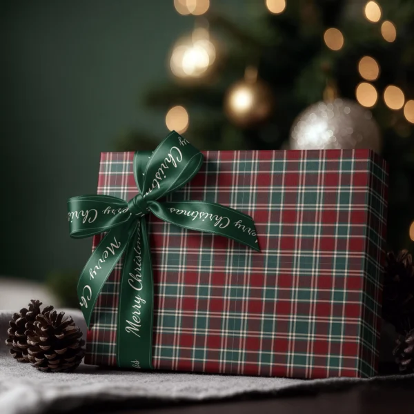 Box wrapped in burgundy and green tartan paper with a satin ribbon bow, Christmas tree lights behind