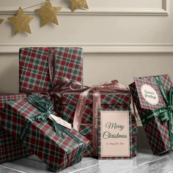 Stack of presents in burgundy and green tartan paper with ribbons and a Merry Christmas card by a cream wall