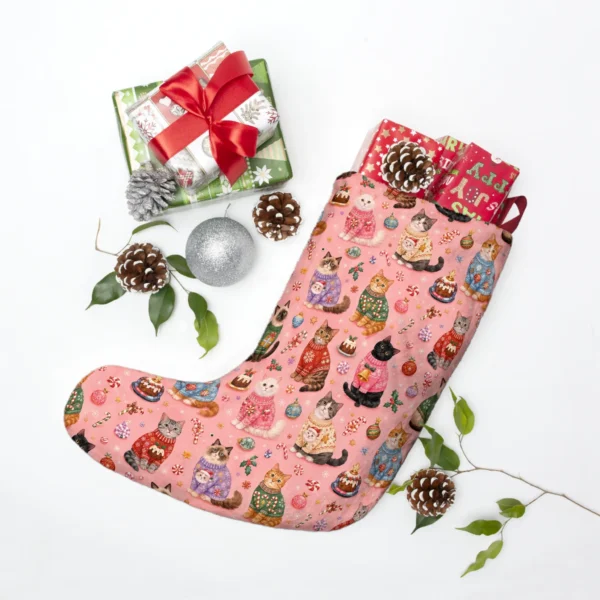 Pink sweater-cat stocking laid flat among wrapped presents, pine cones and a silver ornament