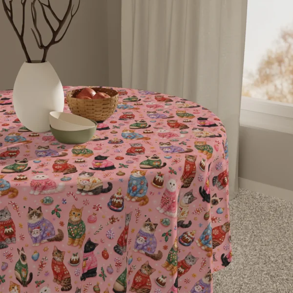 Close view of sweater-wearing cats on pink fabric beside a white vase and a basket of red apples