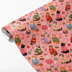Roll of pink wrapping paper with cats in Christmas sweaters and puddings, partly unrolled on a white background