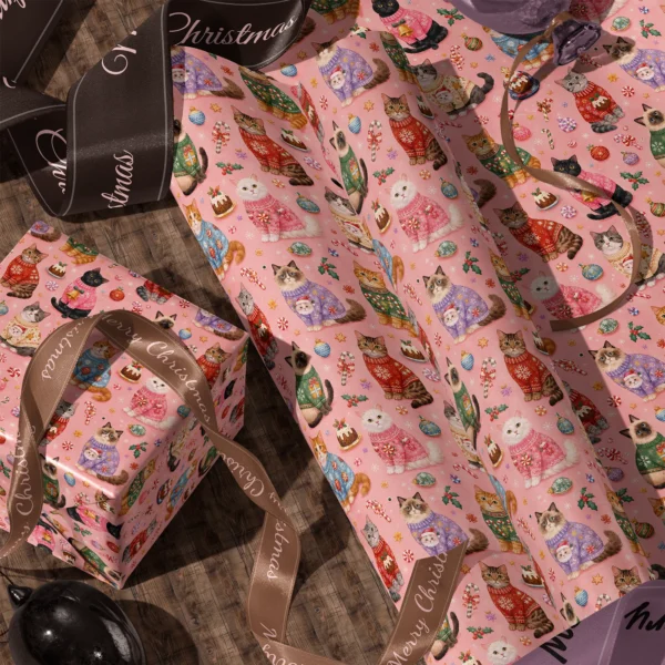 Rolls of Christmas cat gift wrap and a wrapped box with satin ribbons on a wooden floor