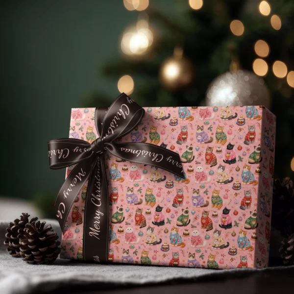 Box wrapped in Christmas cat paper with a satin ribbon bow, Christmas tree lights behind