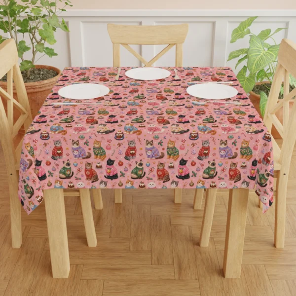 Dining table with white plates on a pink cat tablecloth, surrounded by wooden chairs and green plants
