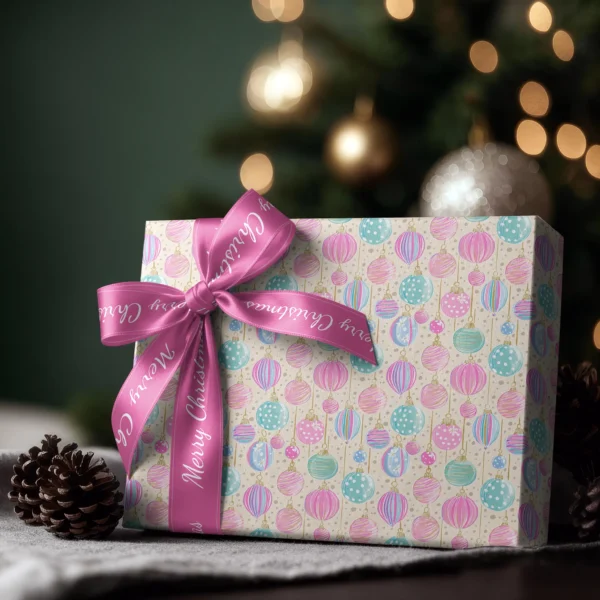 Box wrapped in cream pastel ornament paper with a satin ribbon bow, Christmas tree lights behind