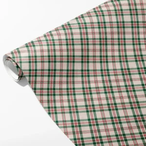 Roll of cream plaid wrapping paper with green and red checks, partly unrolled on a white background
