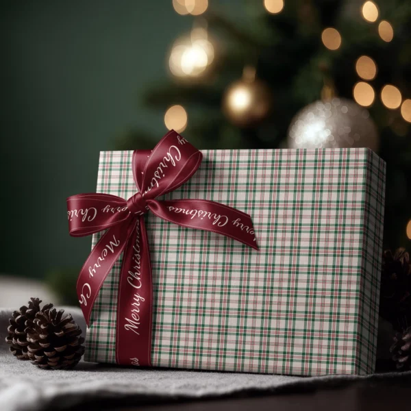 Box wrapped in cream plaid paper with a satin ribbon bow, Christmas tree lights behind