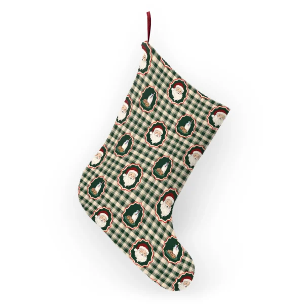 Back of the Santa milk and cookies stocking hanging from its ribbon loop, gingham print on both sides