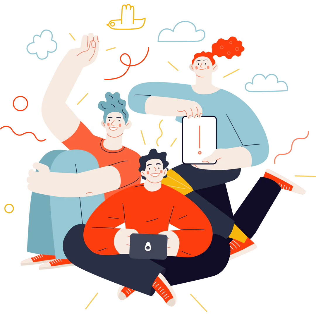 Illustration of three smiling people holding tablets, one of them waving