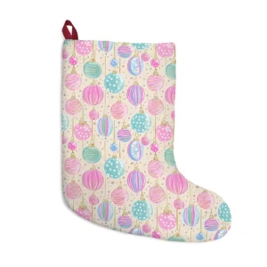 Cream Christmas stocking printed with pink, mint and lilac baubles on gold threads, with a dark red loop