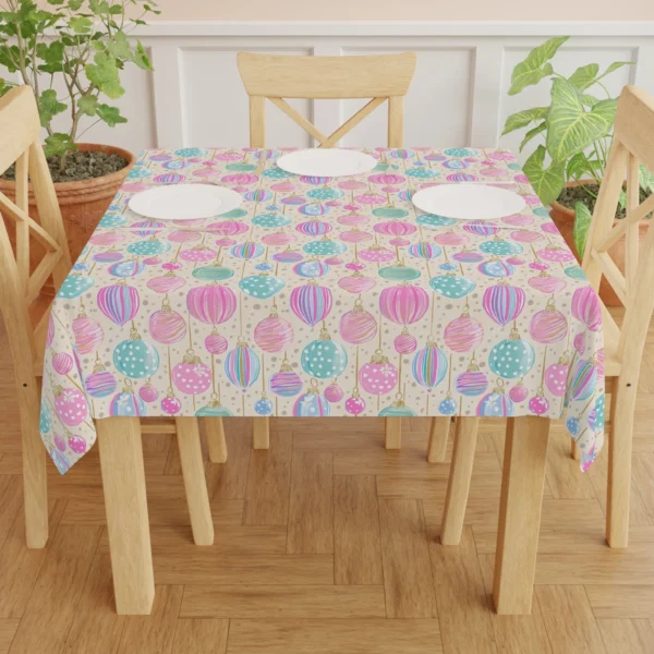 Dining table with white plates on a pastel bauble tablecloth, wooden chairs and potted plants nearby