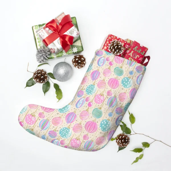 Pastel bauble stocking laid flat beside wrapped presents, pine cones, a silver ornament and green sprigs