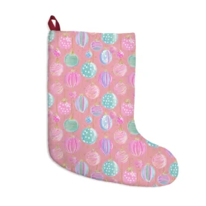 Warm pink stocking printed with mint, lilac and pink baubles on gold strings, with a dark red loop