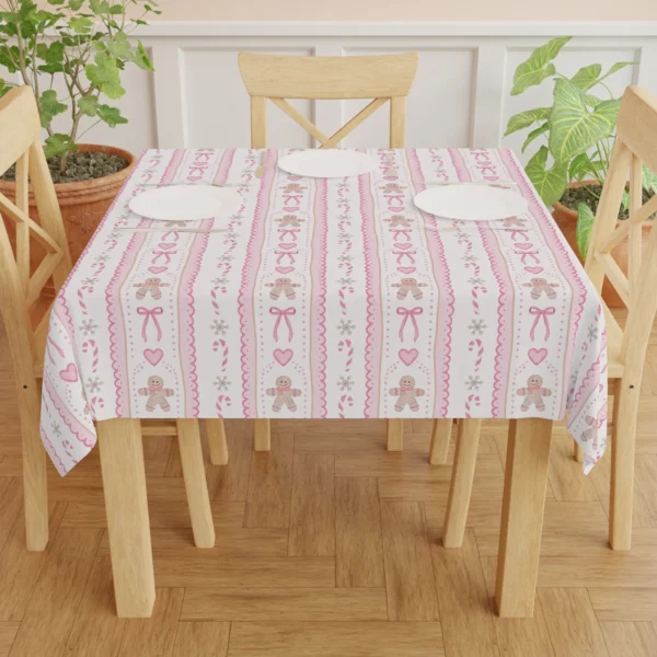 Gingerbread and bow tablecloth on a dining table laid with white plates, wooden chairs and potted plants