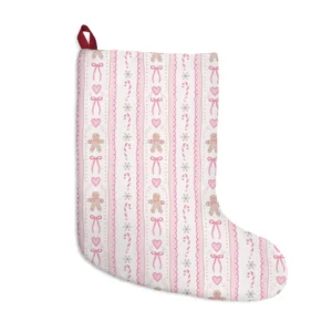 Cream stocking with pink scalloped stripes, gingerbread men, bows, hearts and candy canes, and a dark red loop