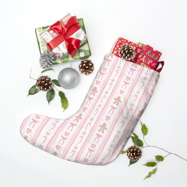 Gingerbread and bow stocking laid flat next to wrapped presents, pine cones and a silver bauble