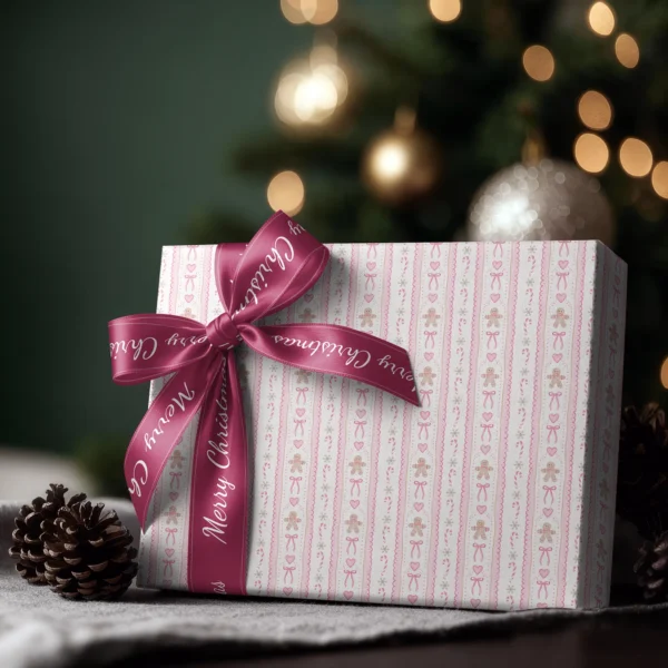 Box wrapped in pink gingerbread paper with a satin ribbon bow, Christmas tree lights behind