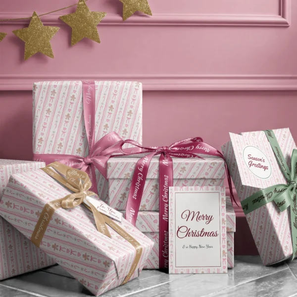 Stack of presents in pink gingerbread paper with ribbons and a Merry Christmas card by a pink wall