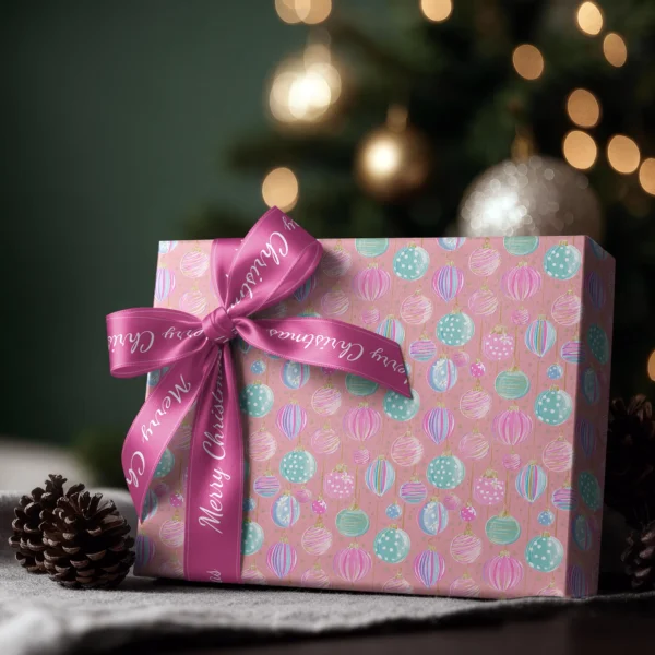 Box wrapped in pink pastel ornament paper with a satin ribbon bow, Christmas tree lights behind