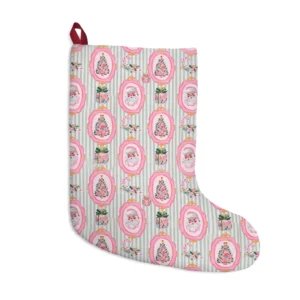 Sage striped stocking with pink oval frames holding Santa faces and floral Christmas trees
