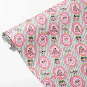 Roll of sage and white striped wrapping paper with pink Santa frames and little presents, partly unrolled on white