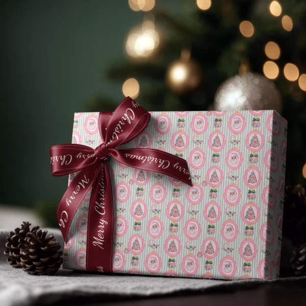 Box wrapped in pink Santa sage stripe paper with a satin ribbon bow, Christmas tree lights behind