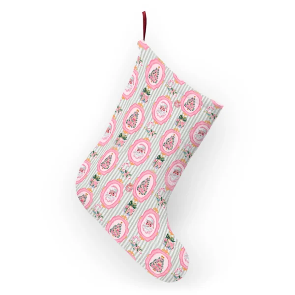 Back of the pink Santa sage stripe stocking hanging from its ribbon loop, printed like the front