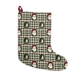 Green gingham stocking with Santa faces and milk and cookie medallions in red-edged frames