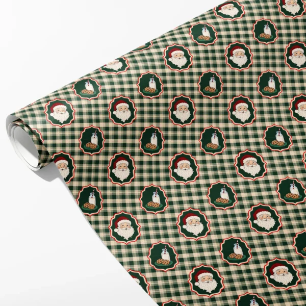 Roll of green gingham wrapping paper with Santa faces, milk and cookies, partly unrolled on a white background
