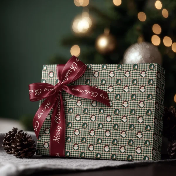 Box wrapped in Santa milk and cookies gingham paper with a satin ribbon bow, Christmas tree lights behind