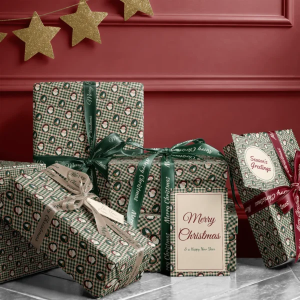 Stack of presents in Santa milk and cookies gingham paper with ribbons and a Merry Christmas card by a red wall