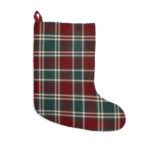 Burgundy and forest green tartan stocking crossed by thin cream lines, with a dark red hanging loop