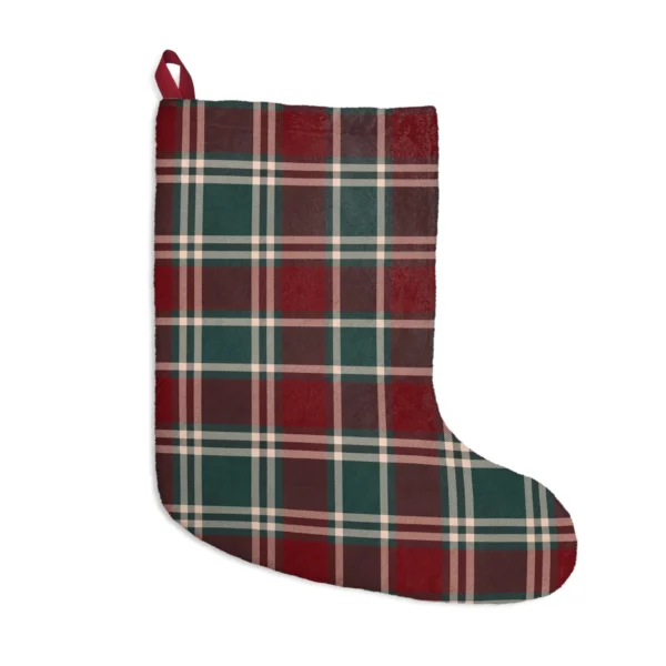 Burgundy and forest green tartan stocking crossed by thin cream lines, with a dark red hanging loop