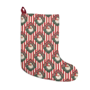 Red and cream striped stocking with vintage Santa portraits inside green wreaths tied with bows