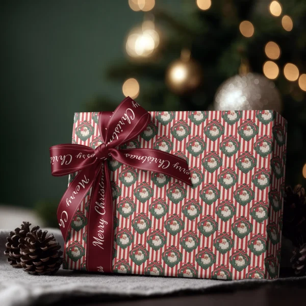 Box wrapped in vintage Santa red stripe paper with a satin ribbon bow, Christmas tree lights behind