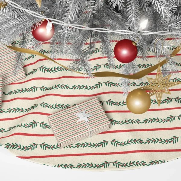 Close-up of thin red stripes beside leafy green garlands with tiny red berries