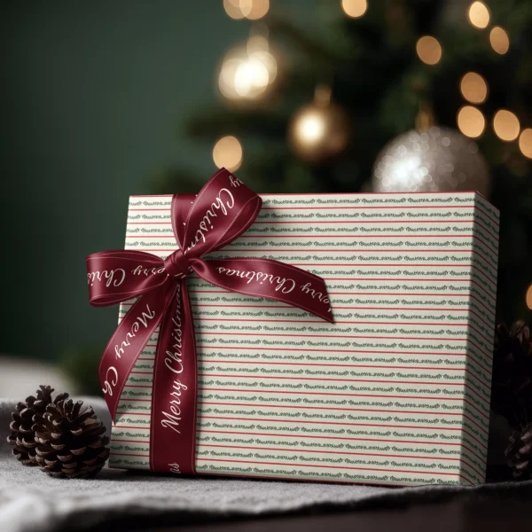Box wrapped in berry garland stripe paper with a satin ribbon bow, Christmas tree lights behind