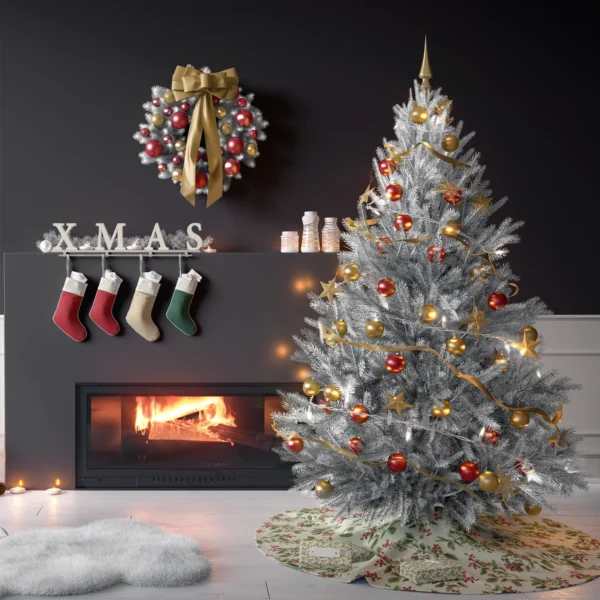 Cozy living room with charcoal walls, tree on the cream berry skirt