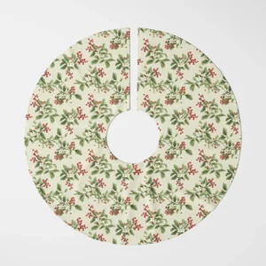 Cream berry sprig tree skirt flat on white, seen from directly above