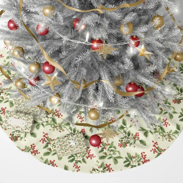 Berry sprig skirt beneath a glowing tree with wrapped gifts