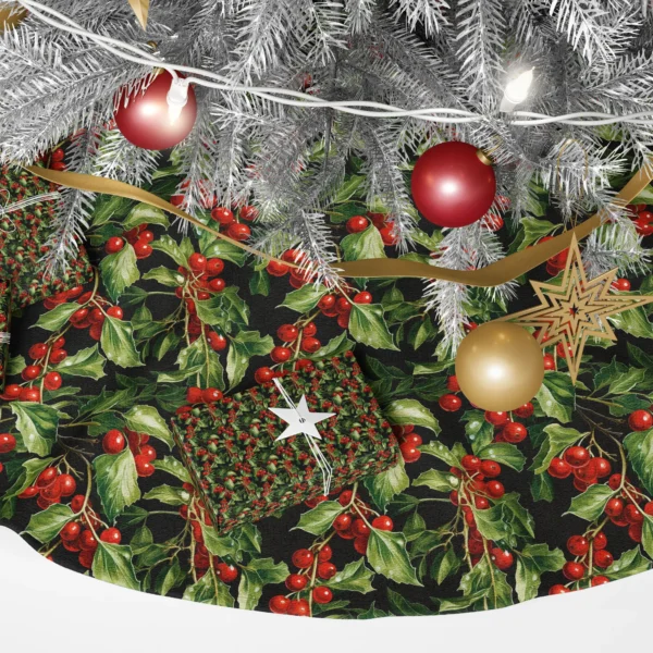 Close-up of the print: red berry cluster on olive stems with toothed leaves and white dots
