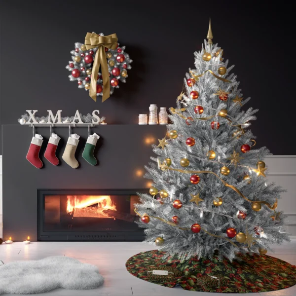 Tree on the black holly berry skirt in a living room with charcoal walls