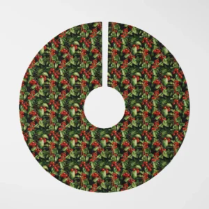 Black holly berry tree skirt laid flat, top view on white, red berries and green leaves on black