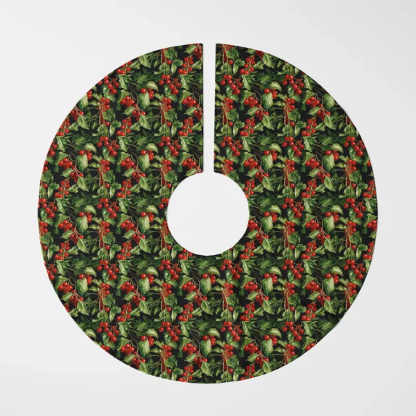 Black holly berry tree skirt laid flat, top view on white, red berries and green leaves on black