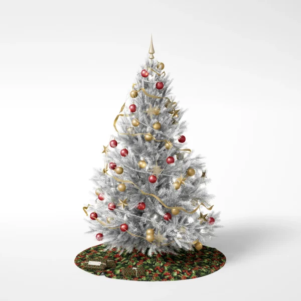 Decorated tree on a white backdrop standing on the black holly berry skirt