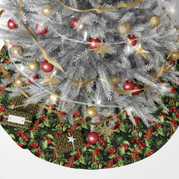 Black holly skirt under a lit Christmas tree with wrapped gifts around it