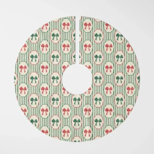 Bow medallion tree skirt laid flat, top view of framed red and green bows on pinstripes