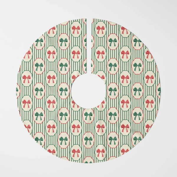 Bow medallion tree skirt laid flat, top view of framed red and green bows on pinstripes