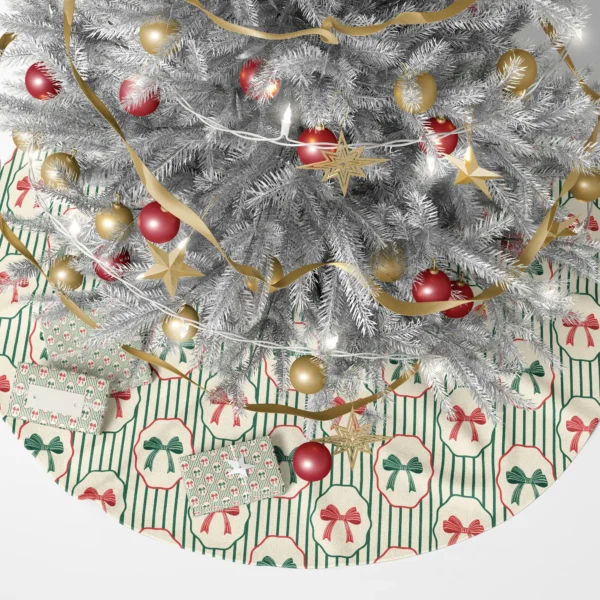 Elegant bow medallion tree skirt under a lit tree with wrapped gifts