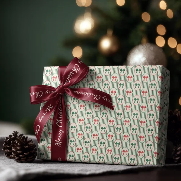 Box wrapped in bow medallion paper with a satin ribbon bow, Christmas tree lights behind